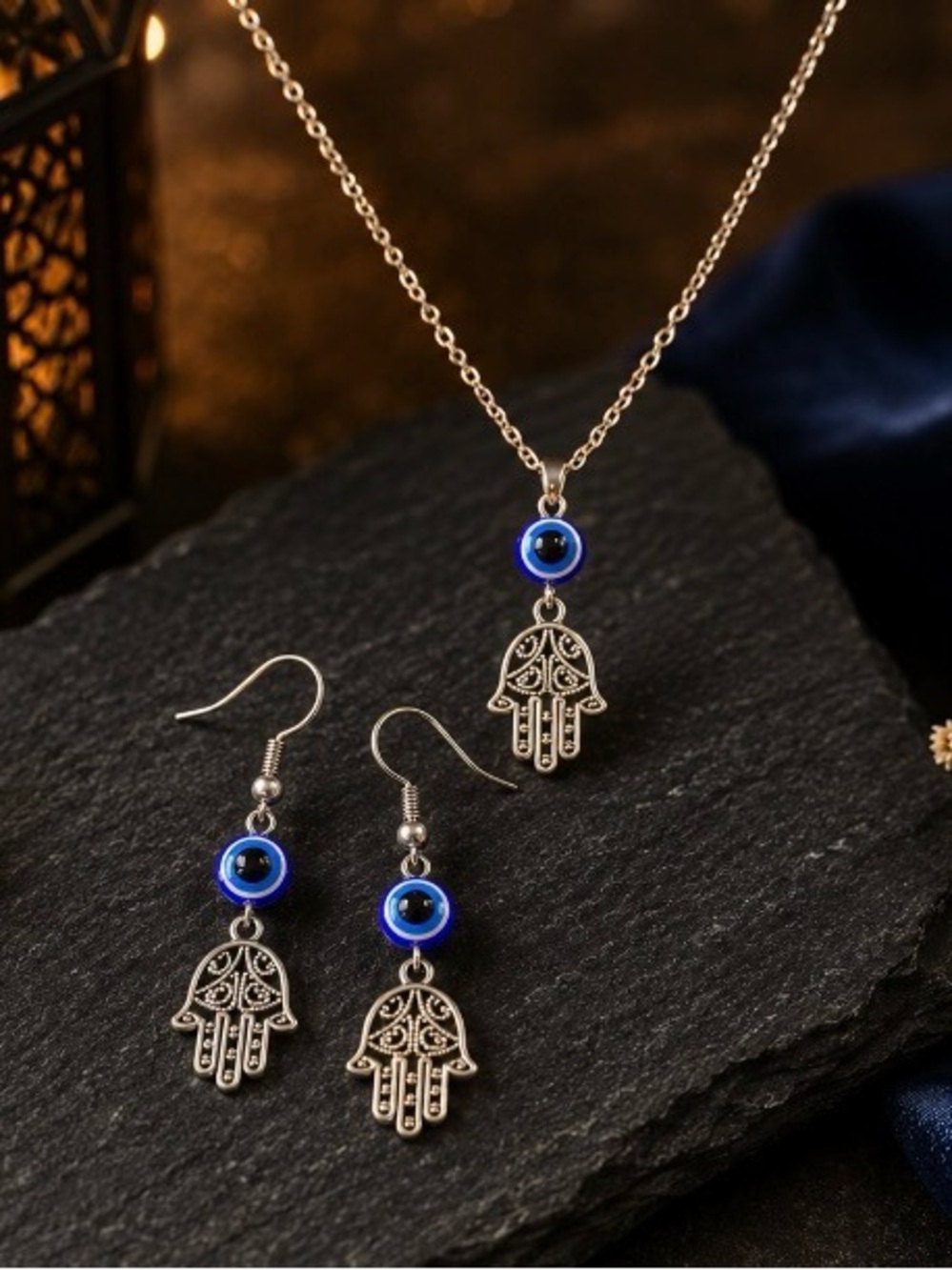 Stainless Steel Hamsa Hand Necklace & Earrings Set with Blue Evil Eye